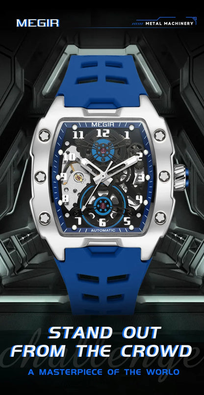 MEGIR Fashion Sport Alloy Case Men Mechanics Watch Waterproof Silicone Band Barrel Shaped Dial Luminous Pointer Man Wristwatches