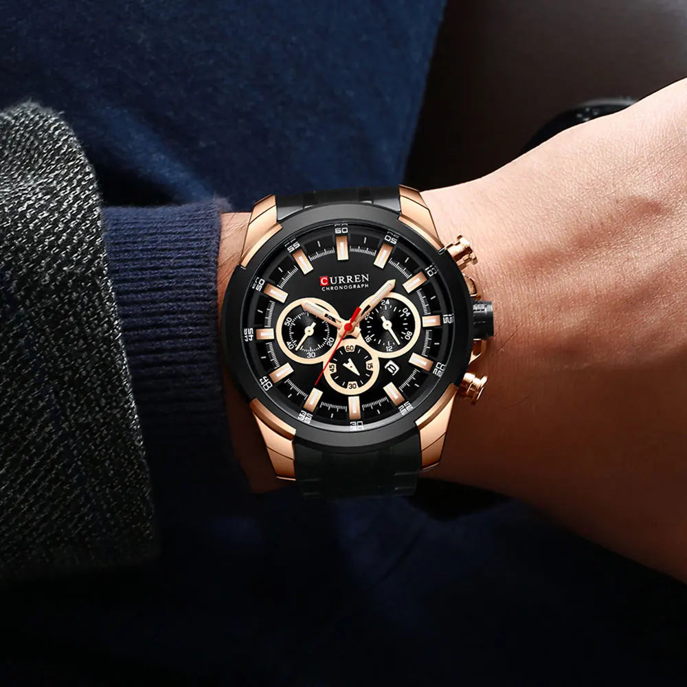 CURREN kronografur til mænd, stor urskive på 48 mm, armbånd i rustfrit stål, tre subskiver, sportsarmbåndsur med kvartsværk, luksuriøs stil