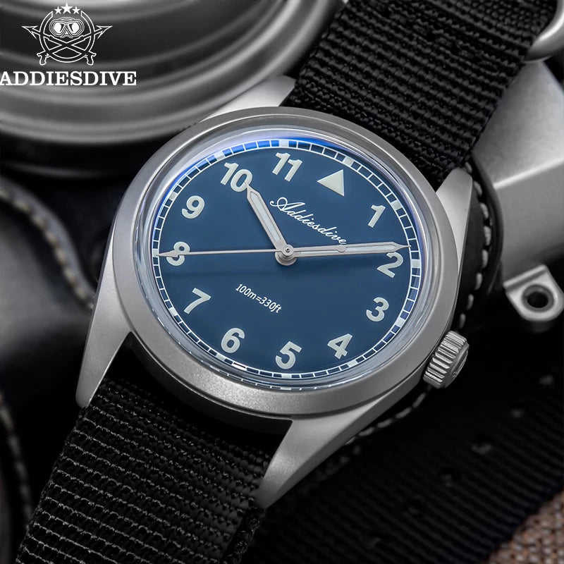 Relógio analógico masculino ADDIESDIVE 36mm com vidro espelhado bolha, 100m à prova de água, luminoso, simples, em quartzo, com bracelete em nylon
