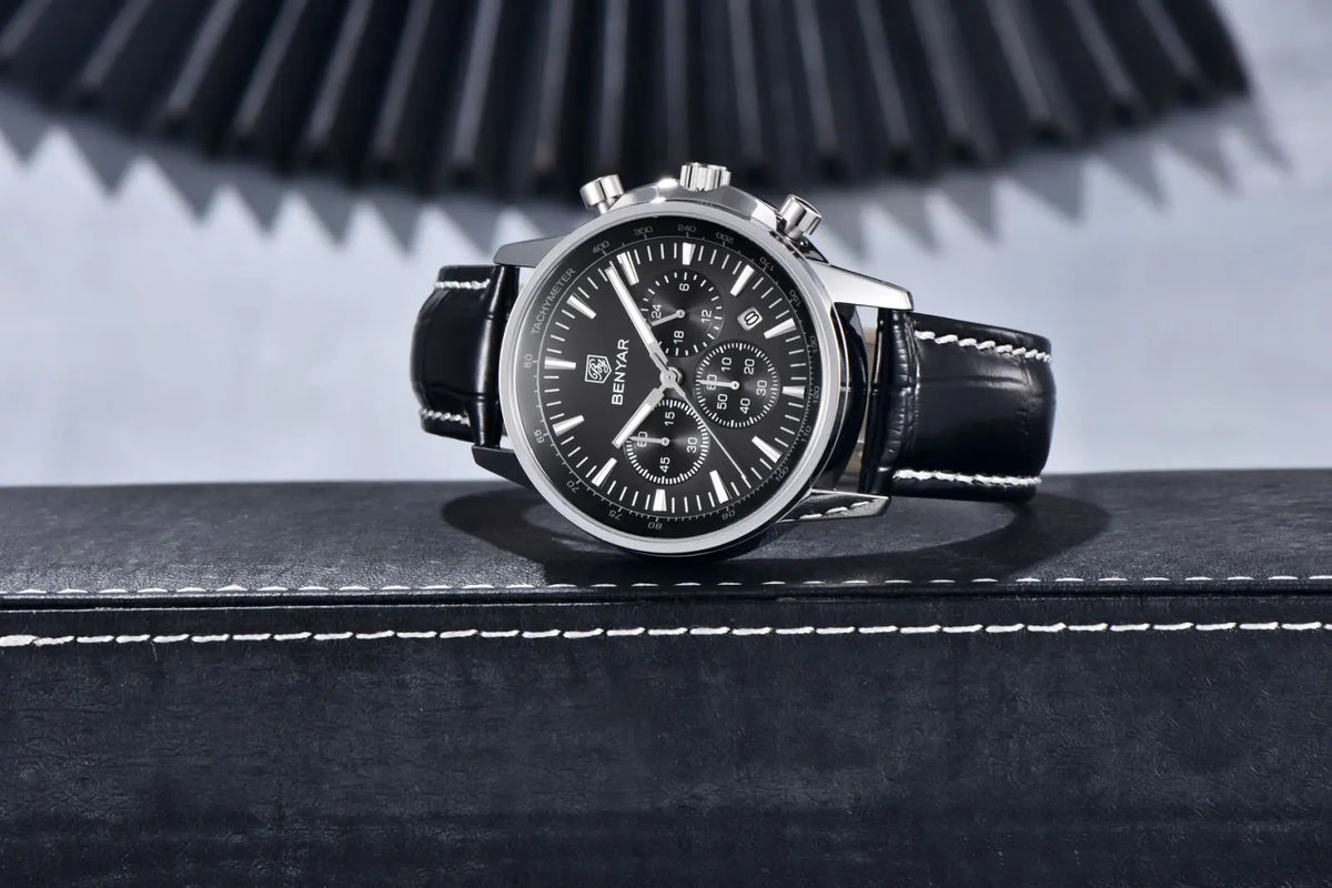 Benyar Luxus-Herrenuhr – Chronograph mit Datumsanzeige, Lederarmband, wasserdicht, leuchtend, sportlicher und militärischer Stil, Quarzuhr