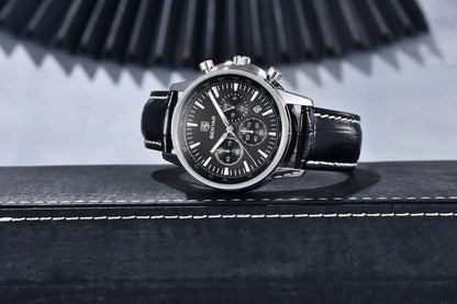 Benyar Luxus-Herrenuhr – Chronograph mit Datumsanzeige, Lederarmband, wasserdicht, leuchtend, sportlicher und militärischer Stil, Quarzuhr