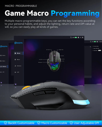 Mouse da gaming wireless Bluetooth, 12800 DPI, mouse RGB cablato/wireless con 7 pulsanti programmabili, per PC, laptop e gaming