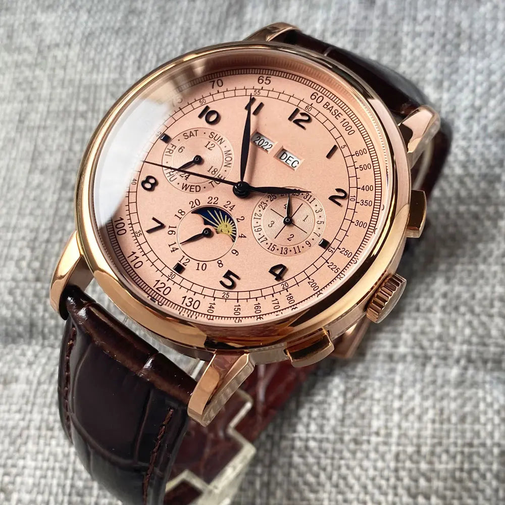 Automatikuhr für Herren, Multifunktionsanzeige für Datum, Tag, Monat und Jahr, 316L mechanische Herrenuhr, poliertes Gehäuse, Tag-/Nachtanzeige, 42mm