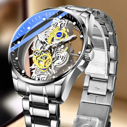 Trendige Herrenuhr, Modell mit doppelter Öffnung, luxuriöser goldfarbener Stil, mechanische Tourbillon-Imitation, Quarzwerk.