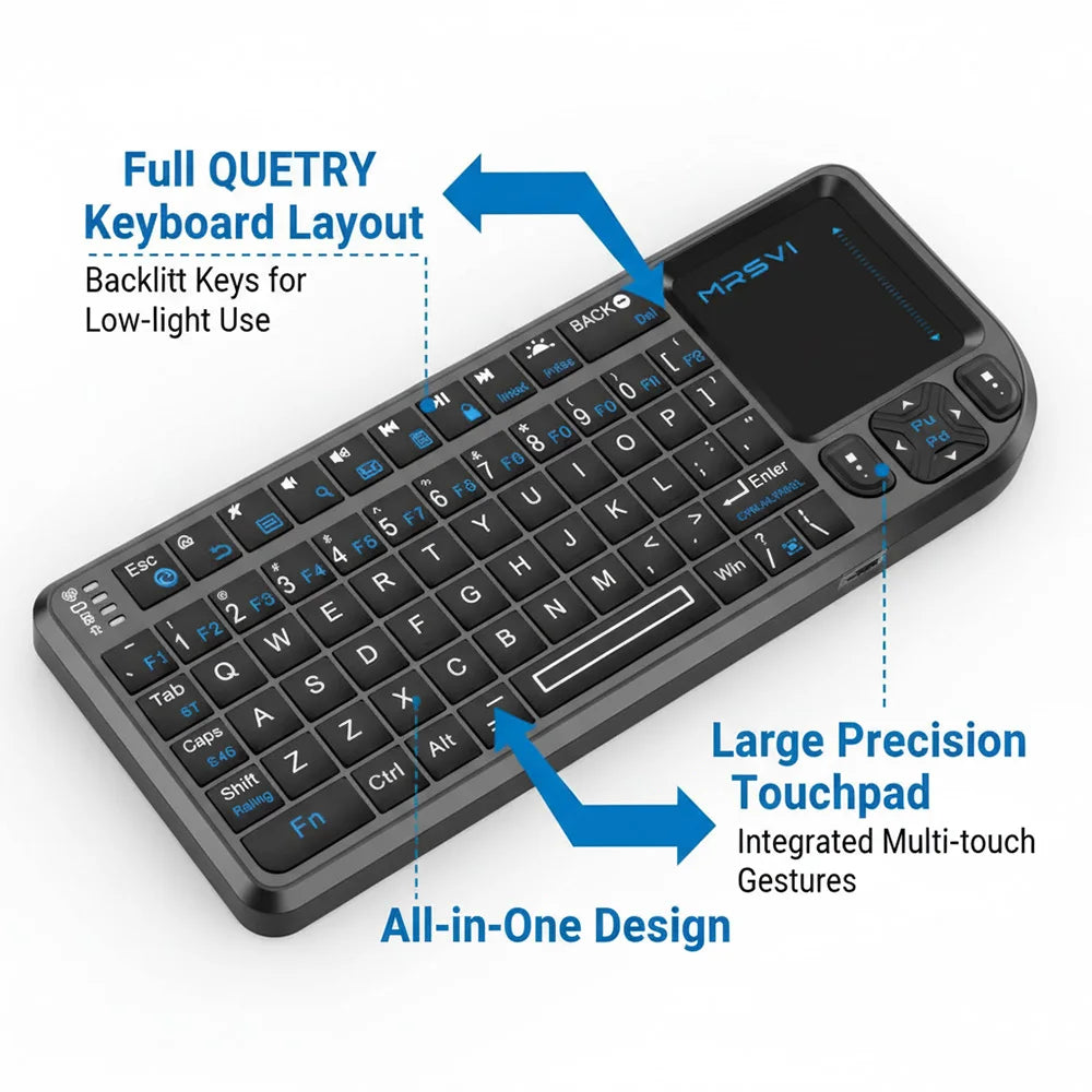 Teclado Bluetooth Mini MRSVI A8 PLUS, teclado sem fios 2.4GHz retroiluminado com touchpad para Android TV Box, Mac, portátil, Windows