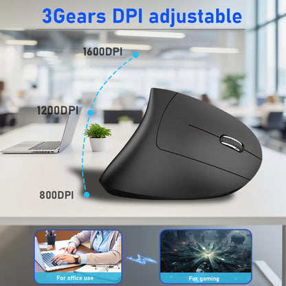 2.4G Bluetooth kabellose vertikale Maus, wiederaufladbar, ergonomisch, 1600DPI einstellbare Gaming-Maus mit 6 Tasten für Laptop, PC und Computer