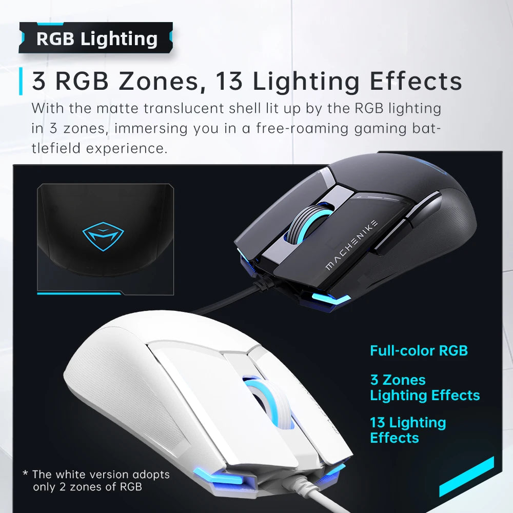 Mouse gaming cu fir Machenike M7Pro USB Instant A825 12800DPI 1000Hz 7 butoane 65g RGB pentru laptop PC Mouse Gamer