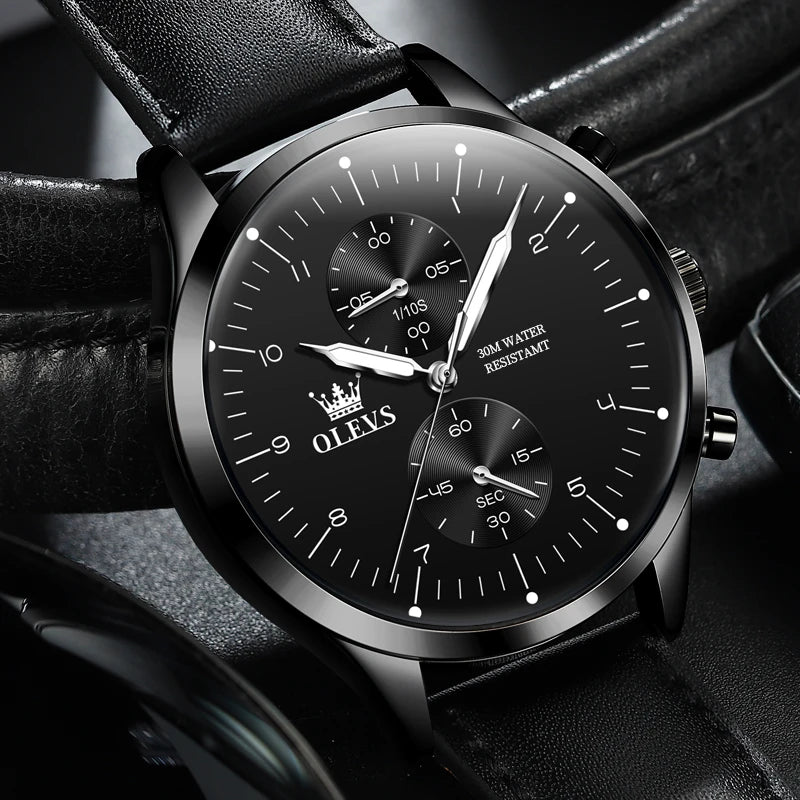 OLEVS 2880 Herrenuhr – Eleganter, schlichter Chronograph, Lederarmband, automatische Datumsanzeige, wasserdicht, leuchtende Zeiger, Quarzwerk.