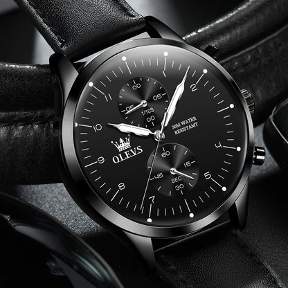 OLEVS 2880 Herrenuhr – Eleganter, schlichter Chronograph, Lederarmband, automatische Datumsanzeige, wasserdicht, leuchtende Zeiger, Quarzwerk.