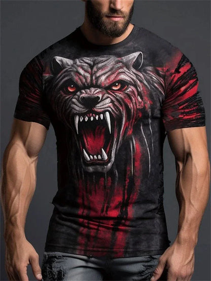 Herr-T-shirt med 3D-vargtryck, realistisk djurmotiv, rund hals, korta ärmar, snygg streetwear, avslappnad, andningsbar T-shirt