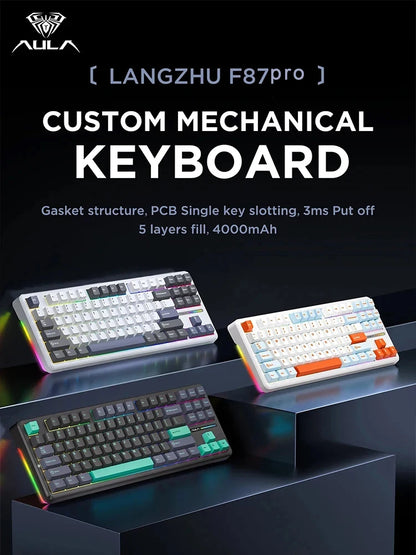 Teclado Mecânico AULA F87 Pro 2.4g/USB/Bluetooth sem fios trimodo, 87 teclas, RGB, PBT, estrutura gasket, 5 camadas de isolamento acústico, teclas completas sem impacto