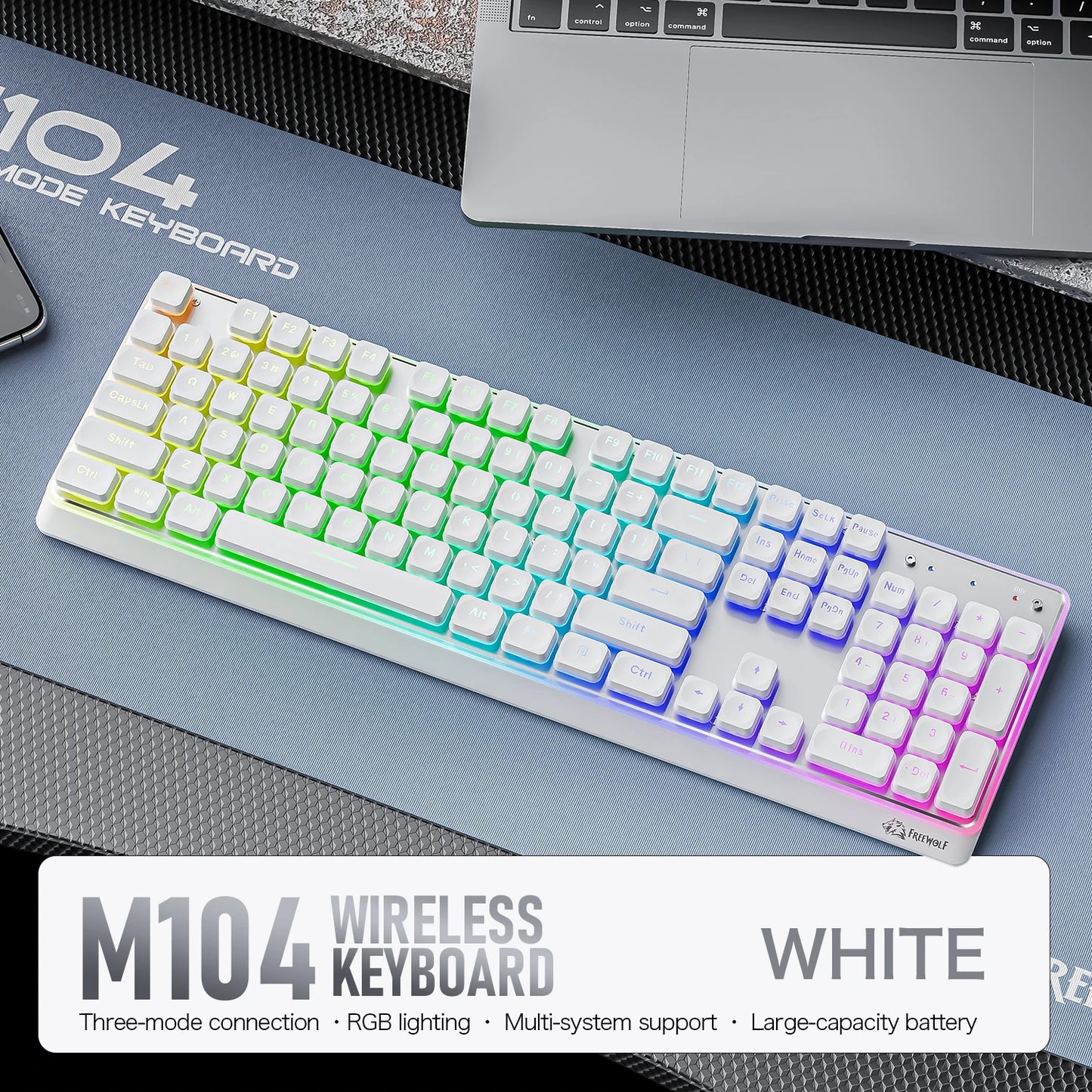 Freewolf M104 Tri-Mode Wireless Keyboard RGB 104 Keys Ultra Slim Quiet Membrane 4000mAh Large Battery for Office & Home
