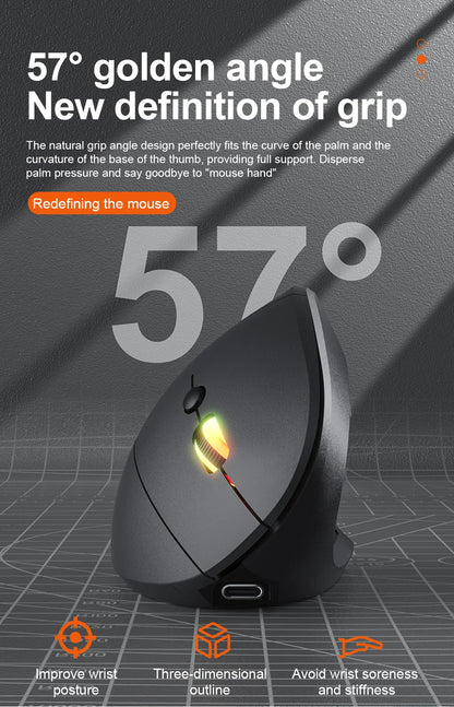 2.4G Bluetooth kabellose vertikale Maus, wiederaufladbar, ergonomisch, 1600DPI einstellbare Gaming-Maus mit 6 Tasten für Laptop, PC und Computer