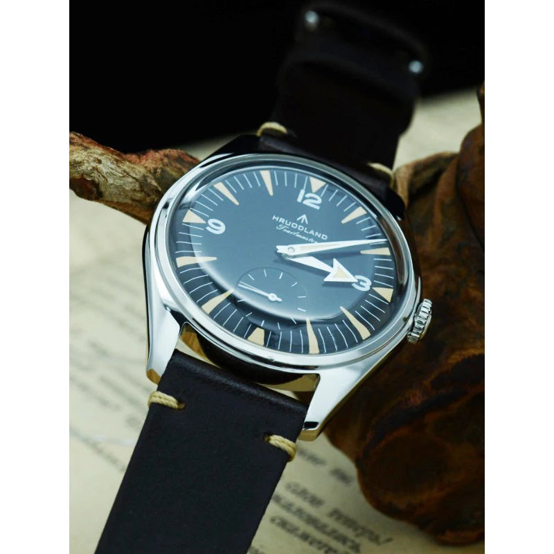 Hruodland F033 Retro Classic Quartz Men's Watches VD78 Movement Stainless Steel Black Brown Leather Strap Wristwatches