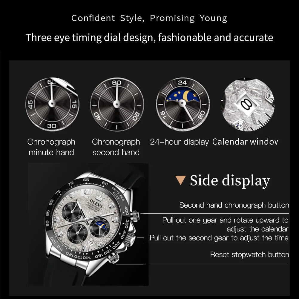 OLEVS Luxury Brand Quartz Watch for Men Waterproof Luminous Moon Phase Hour Men's Watch Chronograph Sport Wristwatch Moonswatch