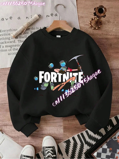 Sweat-shirts Fortnite novos para criança, hoodie com estampado de personagem de jogo em estilo cartoon, camisolas casuais de outono para criança, roupa de inverno para bebé menino