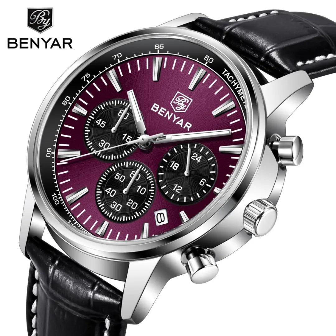 Benyar Luxus-Herrenuhr – Chronograph mit Datumsanzeige, Lederarmband, wasserdicht, leuchtend, sportlicher und militärischer Stil, Quarzuhr