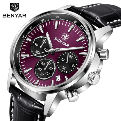 Benyar Luxus-Herrenuhr – Chronograph mit Datumsanzeige, Lederarmband, wasserdicht, leuchtend, sportlicher und militärischer Stil, Quarzuhr