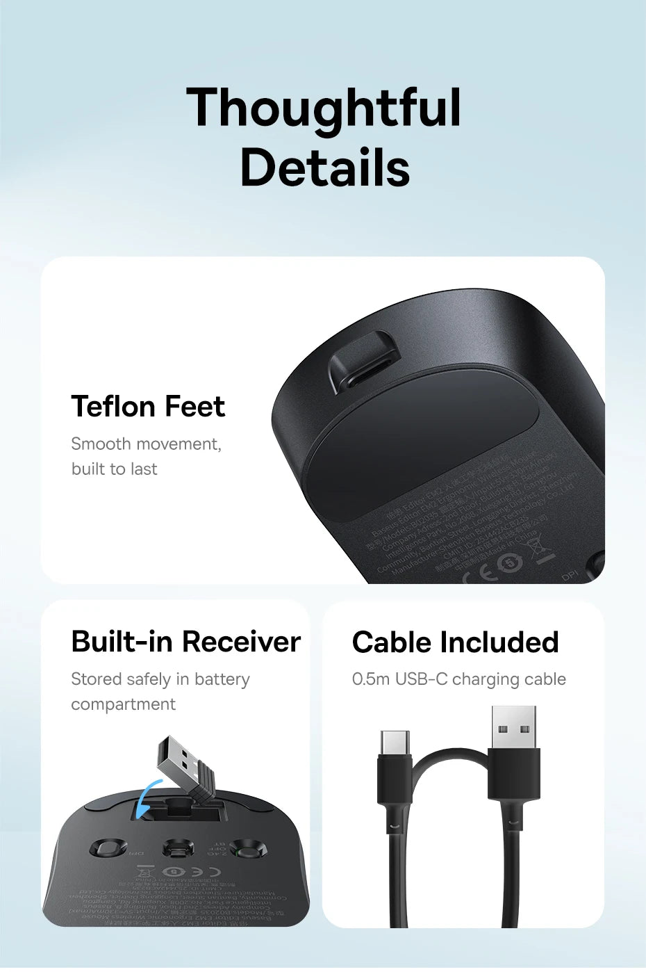 【NOU】Mouse wireless ergonomic Baseus EM2 Bluetooth 5.3 2.4G, încărcare Type-C, ultra-ușor și silențios, cu buton personalizabil