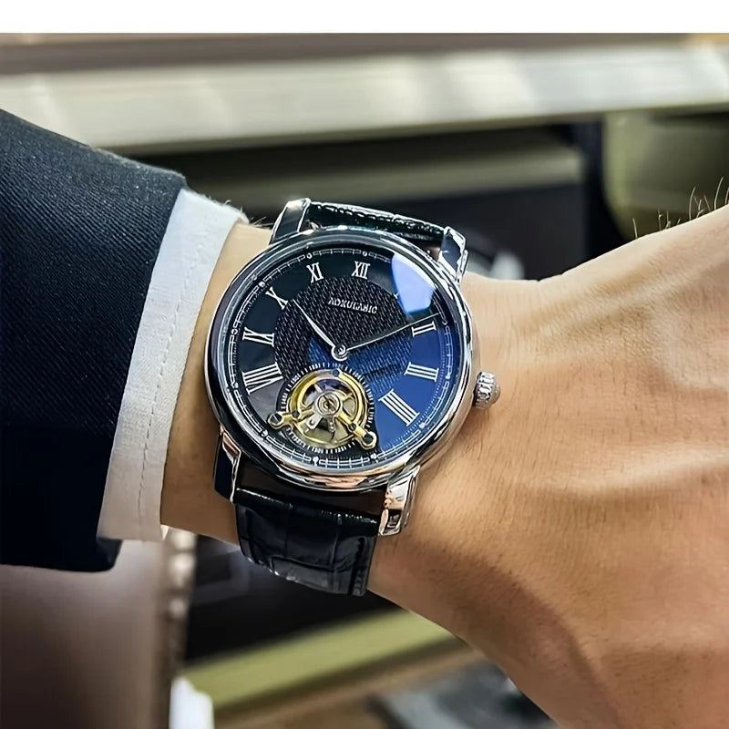 Automatisch mechanisch herenhorloge – Elegant opengewerkt ontwerp, trendy ‘business casual’-stijl, behuizing van legering en leren band, zonder batterij