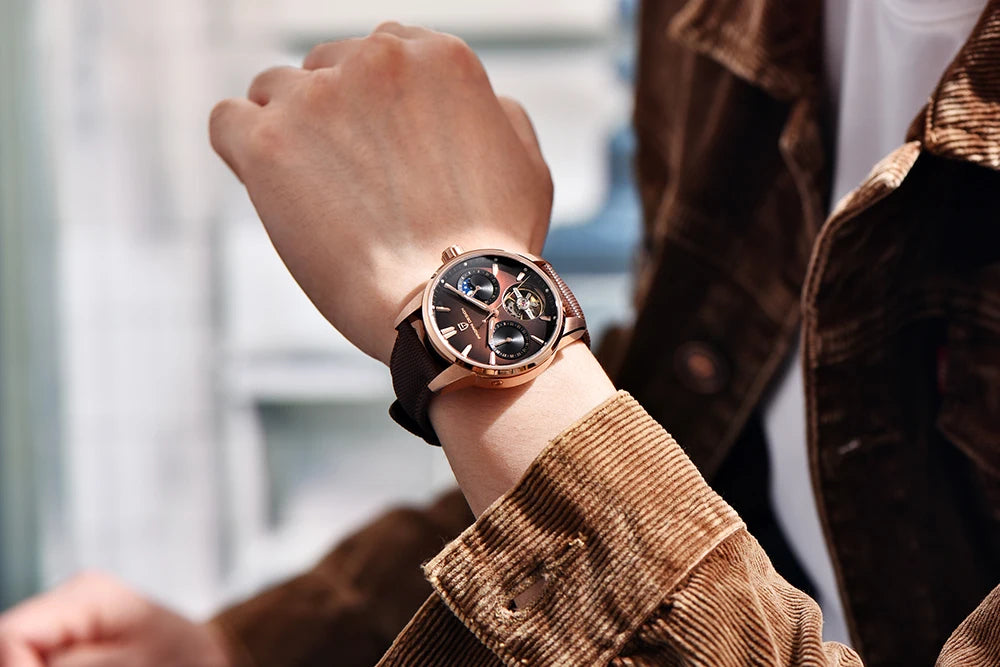 PAGANI DESIGN – Luksuzna mehanska ura za moške, 41 mm, safirno steklo, usnjena zapestnica, vodotesna, v pilotskem slogu, s turbijonom in prikazom lunine faze