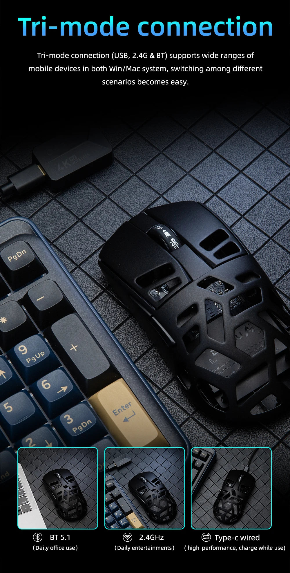 Mouse da gaming wireless DAREU Al-mg Tri-mode 8Khz PBT con ricarica rapida, PAW3950, 30000 DPI, leggero, per PC gamer