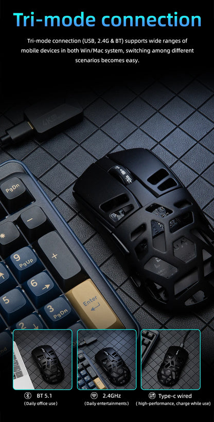 Mouse da gaming wireless DAREU Al-mg Tri-mode 8Khz PBT con ricarica rapida, PAW3950, 30000 DPI, leggero, per PC gamer