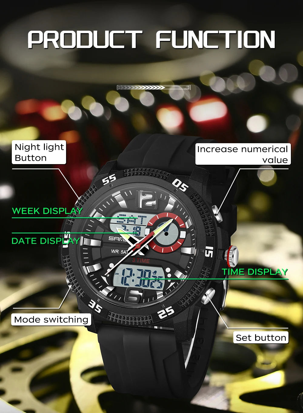 SANDA Fashion Luxury Men's Watches Dual Digital Display Sport Analog Quartz Man Wristwatch Casual Waterproof Silica Chronograph