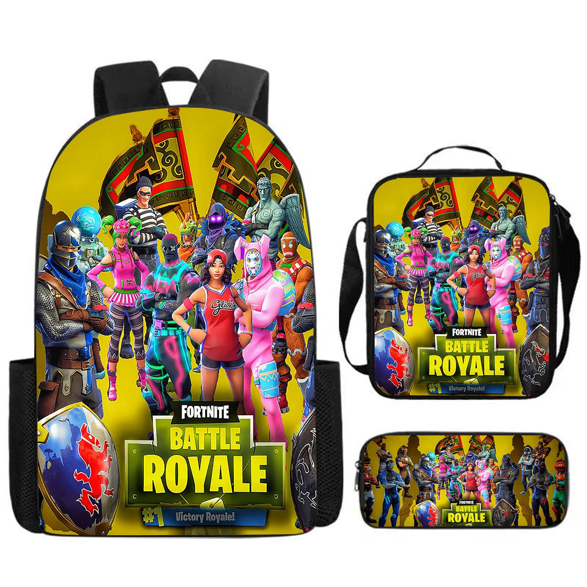 Set Fortnite Cartoon de 3 piezas, gran capacidad, adecuado para niños y niñas de 5 a 8 años, incluye mochila, bolsa para comida y estuche para lápices