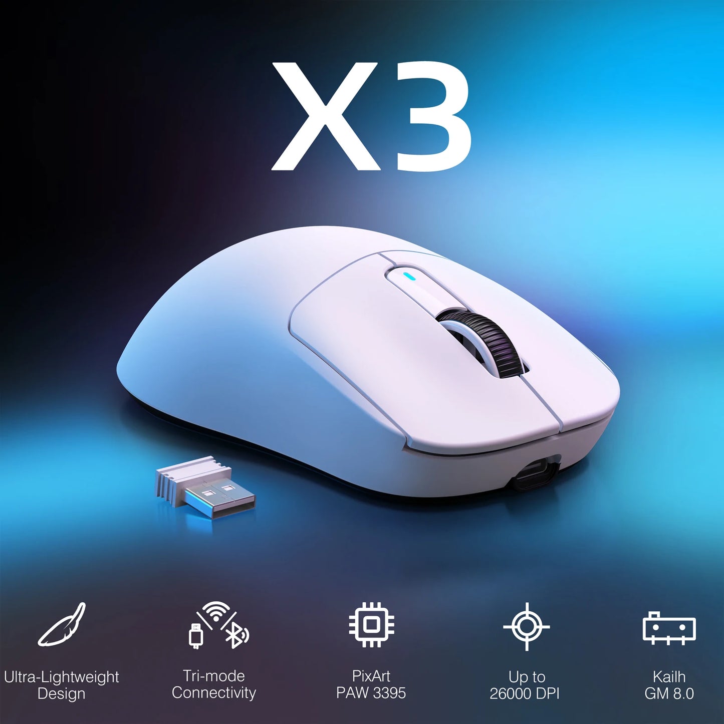 Ratón gaming inalámbrico ATTACK SHARK X3, ratón ergonómico para PC de 49g, tres modos, sensor óptico PAW3395 de 26K DPI, botones programables