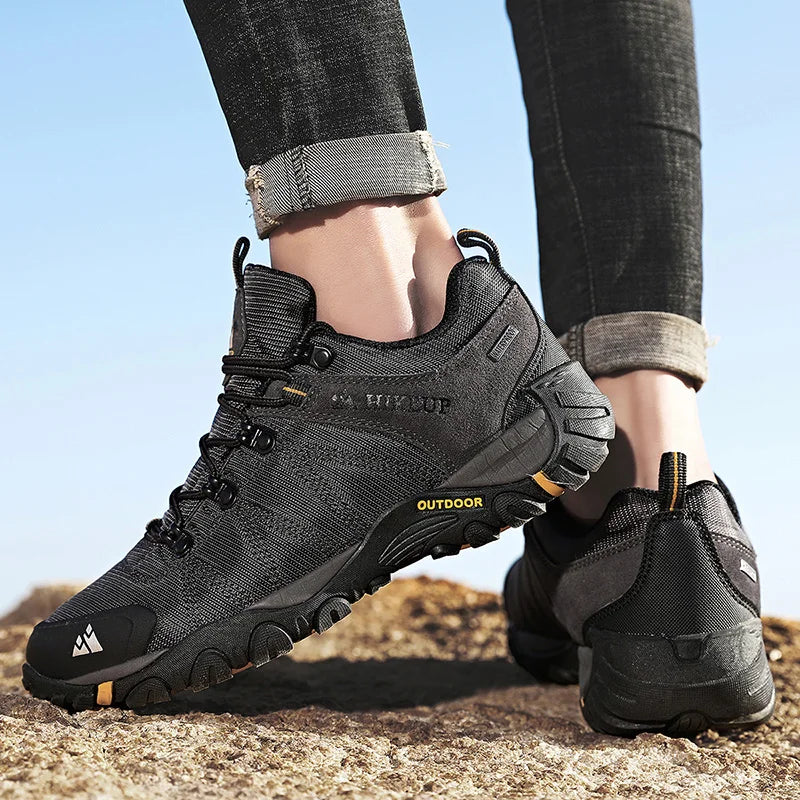 HIKEUP Pantofi de drumeție pentru bărbați, pentru patru sezoane, sport outdoor, piele naturală, rezistenți la uzură, pantofi de escaladă cu talpă din cauciuc, sneakeri de trekking
