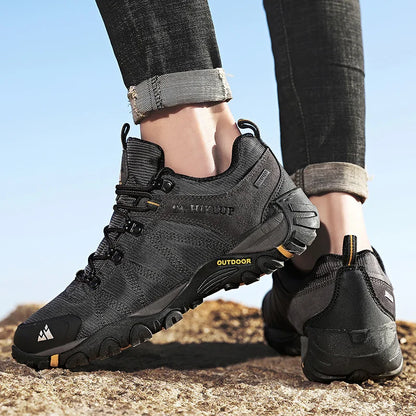 HIKEUP Pantofi de drumeție pentru bărbați, pentru patru sezoane, sport outdoor, piele naturală, rezistenți la uzură, pantofi de escaladă cu talpă din cauciuc, sneakeri de trekking
