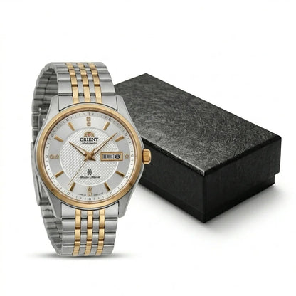 Mechanische Automatikuhr für Herren von Orient mit Doppelkalender (Datum und Wochentag), Kristallindexen und Edelstahlarmband – Armbanduhr im Business-Stil