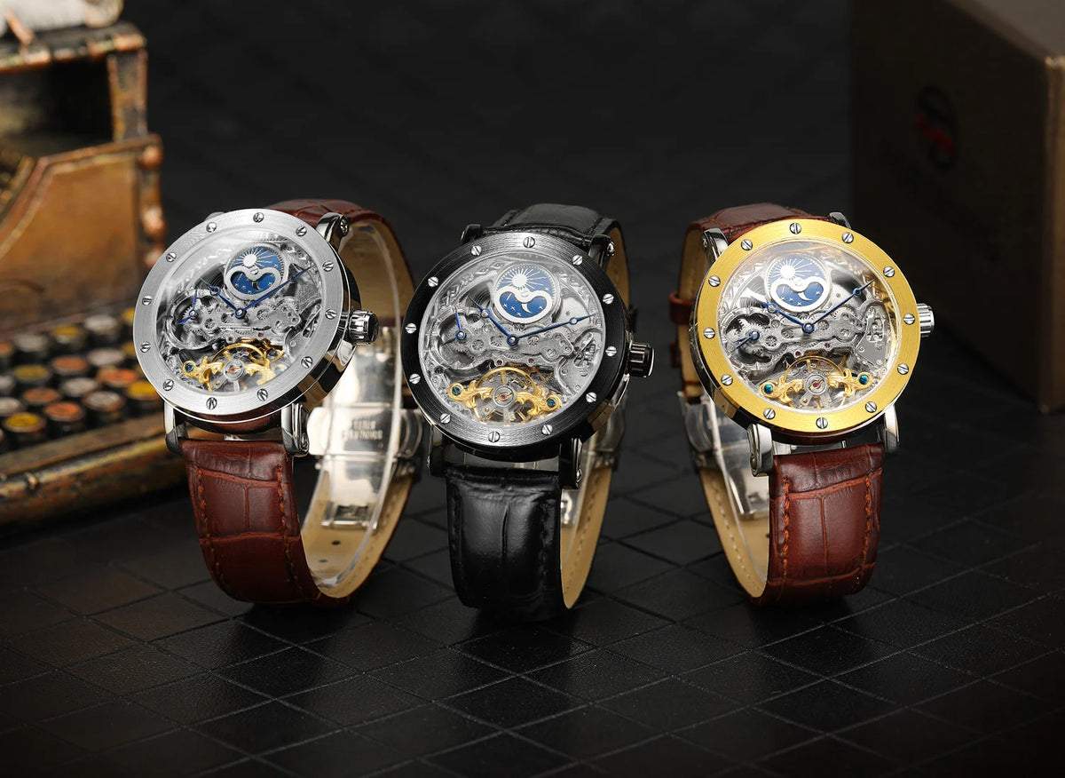 SKROX vyriškas automatinis mechaninis rankinis laikrodis, skeleto modelis su GMT funkcija, mėnulio fazėmis ir turbiljonu – prabangus, aukščiausios klasės, elegantiškas ir originalus laikrodis.
