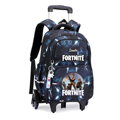 Mochila com Rodas Fortnite Anime, Impermeável, de Grande Capacidade, para Estudante — Saco Escolar Casual de Viagem com Carrinho e Subida Fácil de Escadas