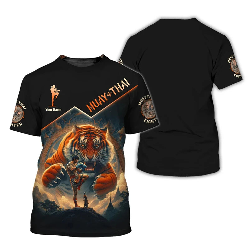 Μοντέρνο νέο γραφικό T-shirt Muay Thai για άνδρες, 3D εκτύπωση με γραφικό τίγρης και δράκου, προσωποποιημένο με όνομα, καλοκαιρινό T-shirt για γυμναστήριο και fitness