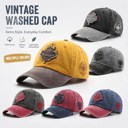 Casual Washed Denim Look Maple Leaf Patch Cap Adjustable Two Tone Outdoor Sport Baseball Hat for Daily Wear