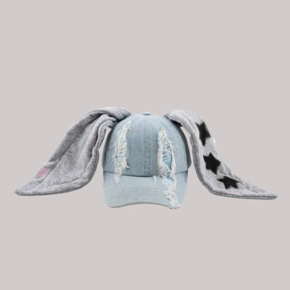 Celebrity-Inspired Niche Rabbit Ear Denim Ripped Baseball Cap Washed Graffiti Hip-Hop Sun Hat Trendy Cap