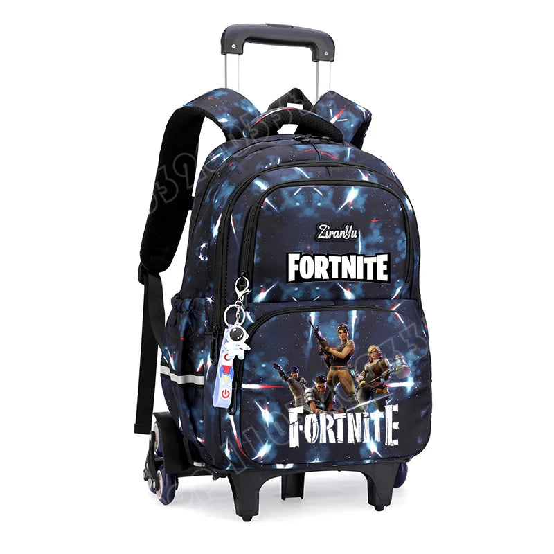 Mochila com Rodas Fortnite Anime, Impermeável, de Grande Capacidade, para Estudante — Saco Escolar Casual de Viagem com Carrinho e Subida Fácil de Escadas