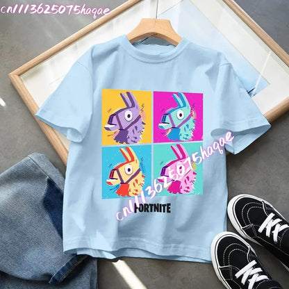 Camiseta azul de algodón para niños Fortress Night, manga corta, diseño kawaii de dibujos animados para niño y niña, ropa de verano, regalo