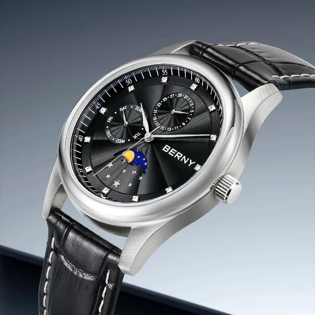 BERNY Men's Watch Date Weeks Moon Phase Quartz Watches for Men Stainless Steel Leather Strap Business Wristwatch Male Clock