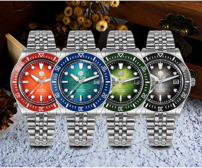Relógio de mergulho de luxo para homem San Martin 40mm Miyota 9015, mostrador em esmalte sunburst, relógio de pulso mecânico automático, resistente à água 200m, SN0148