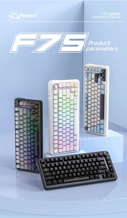 F75 Mechanical Keyboard FREEWOLF 81 Keys Layout Metal Knobs PBT Keycaps,Fully Hot-swappable Keys RGB Multi-color Backlighting