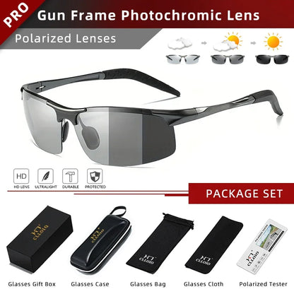CLLOIO Aluminum Rimless Photochromic Sunglasses Men Polarized Driving Chameleon Anti-Glare Glasses Travel Fishing Goggle UV400