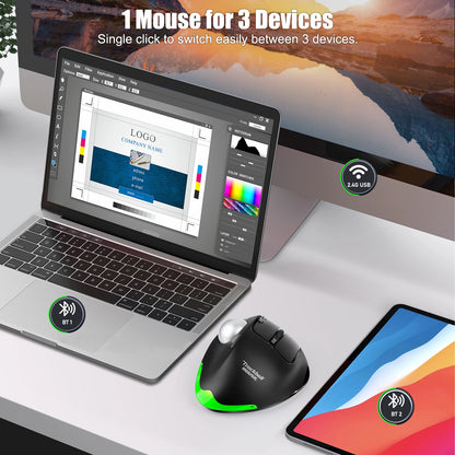 Lefon F33 Bluetooth Ergonomic Trackball Mouse, Rechargeable Wireless Trackball Mouse with Bluetooth & 2.4G, 4800 DPI Ergonomic Rollerball Mouse for PC, Office & Drawing