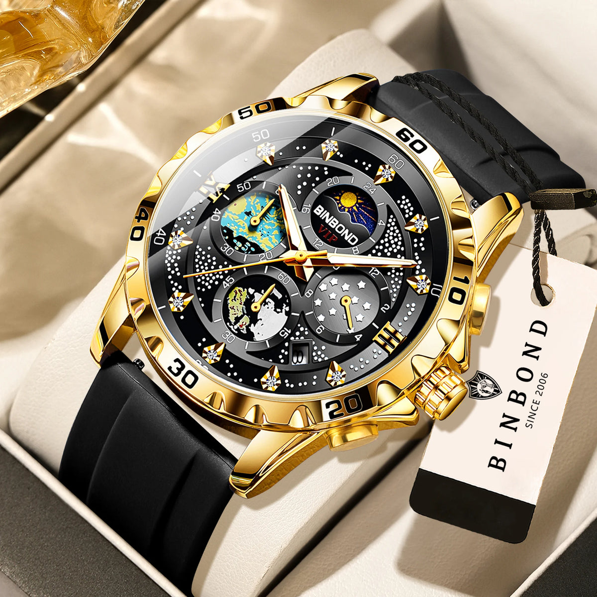 Luxe BINBOND-kwartshorloges voor heren, verlicht, waterdicht, chronograaf met automatische datum, zakelijke, sportieve en casual stijl