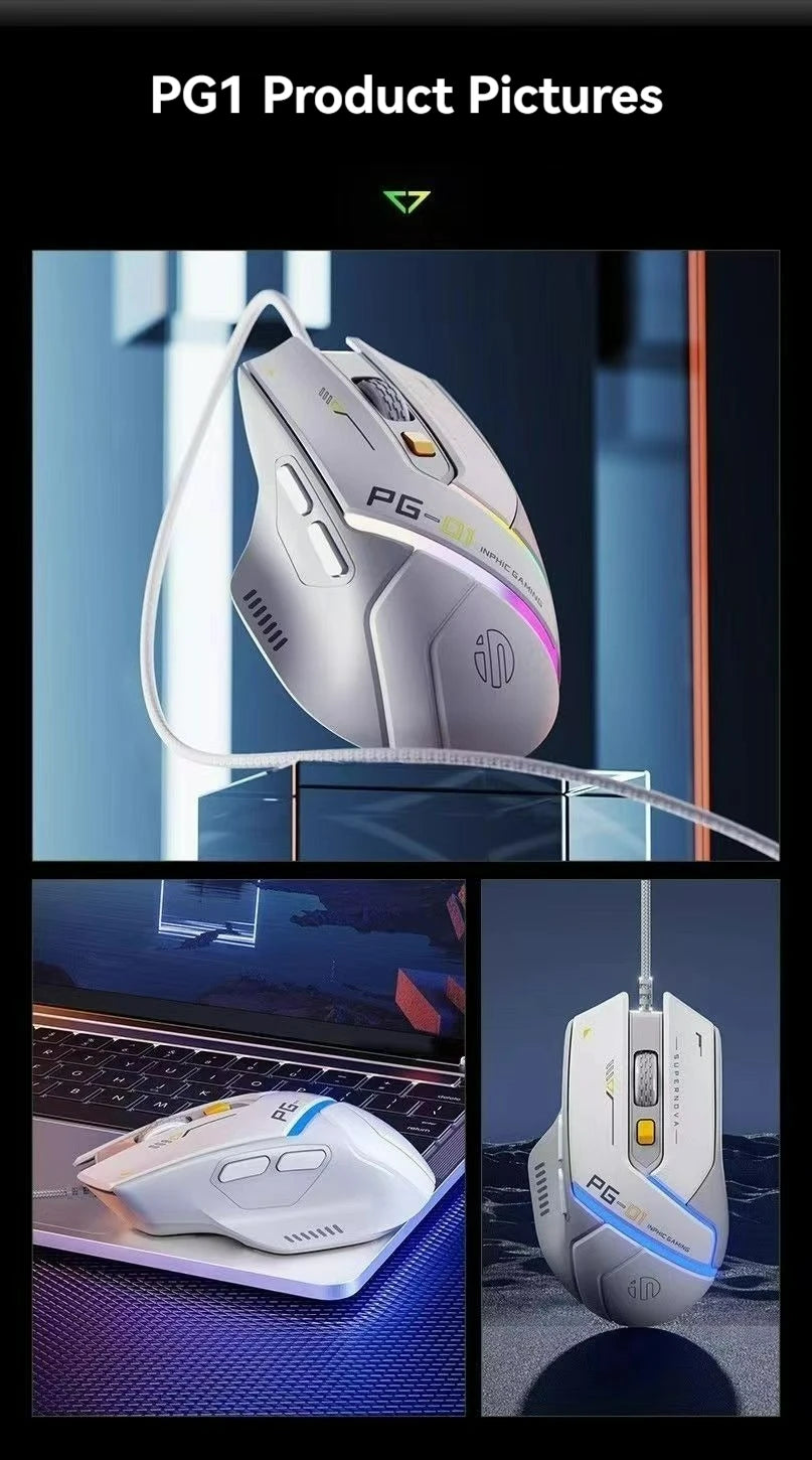 Inphic Pg1 Wired Gaming Mouse, RGB Light Emitting, Macro Programming, 12800 DPI, 6 Keys, Computer Mouse, 1000Hz Polling Rate