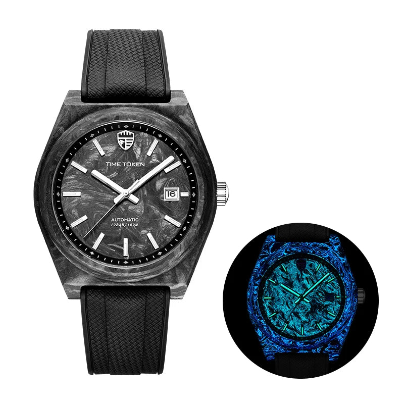 TIME TOKEN Nuovo orologio subacqueo da uomo in fibra di carbonio luminosa da 40mm, automatico meccanico di lusso con calendario, vetro zaffiro, impermeabile 100m
