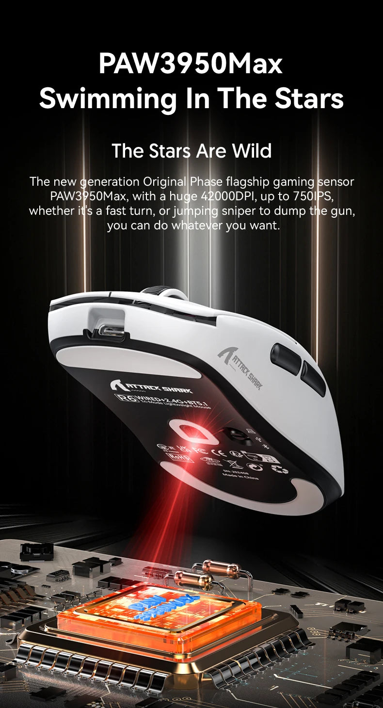 ATTACK SHARK R6 PAW3950MAX Wireless Gaming Mouse, 8Khz Polling, Ultralight 39g, Nordic 52840 MCU, Omron Optical Microswitches