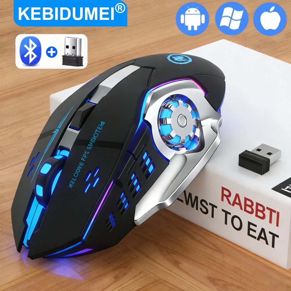 Ratón gaming Mecha inalámbrico Bluetooth 2.4G USB, recargable, silencioso y retroiluminado, ratón ergonómico para oficina, accesorios de juego